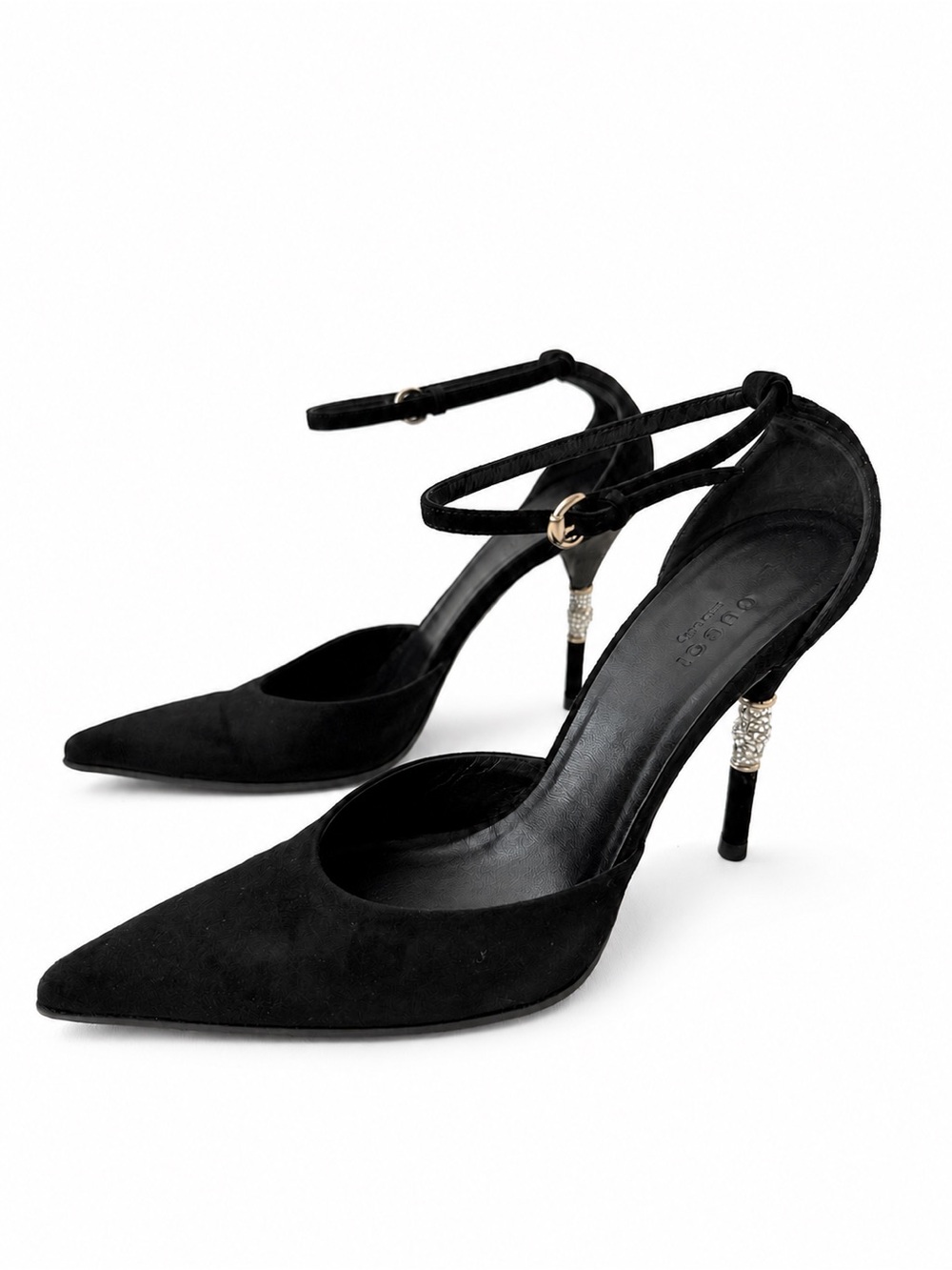 GUCCI | Vintage Y2K Crystal Bamboo Black Suede Pointed Toe Ankle Strap Pumps 7.5
